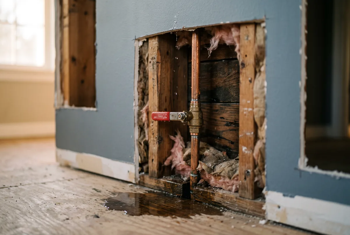 Copper supply line and shutoff valve in an opened wall cavity, water pooling on the subfloor