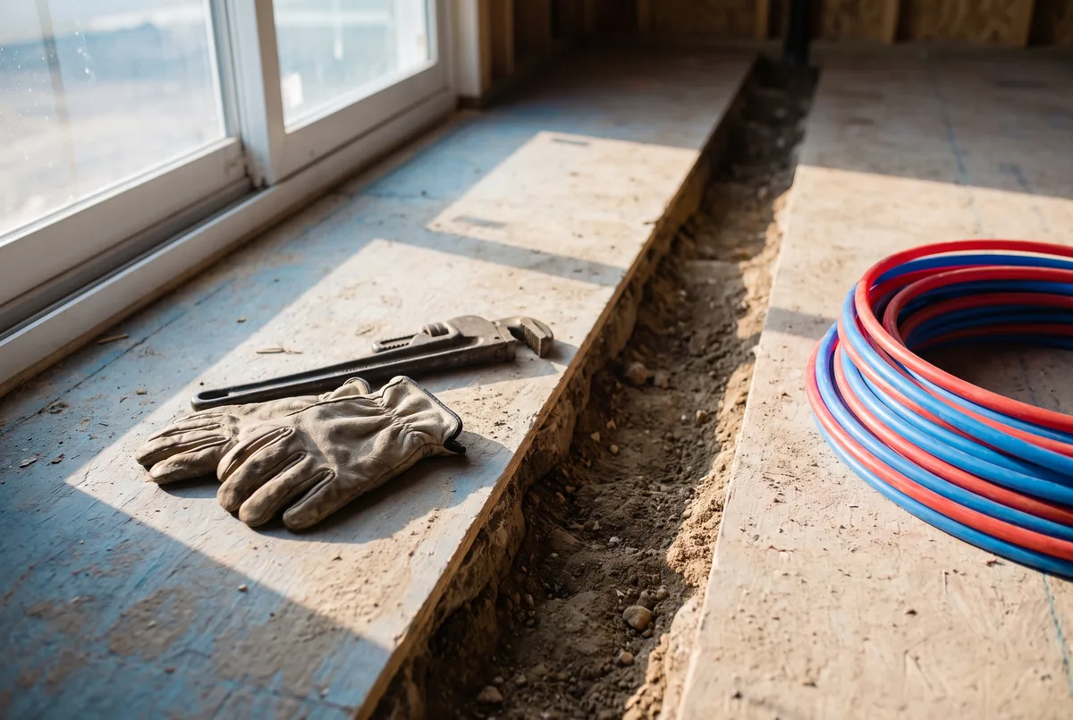 Work gloves, a pipe wrench and coiled PEX beside a trench cut for underground lines